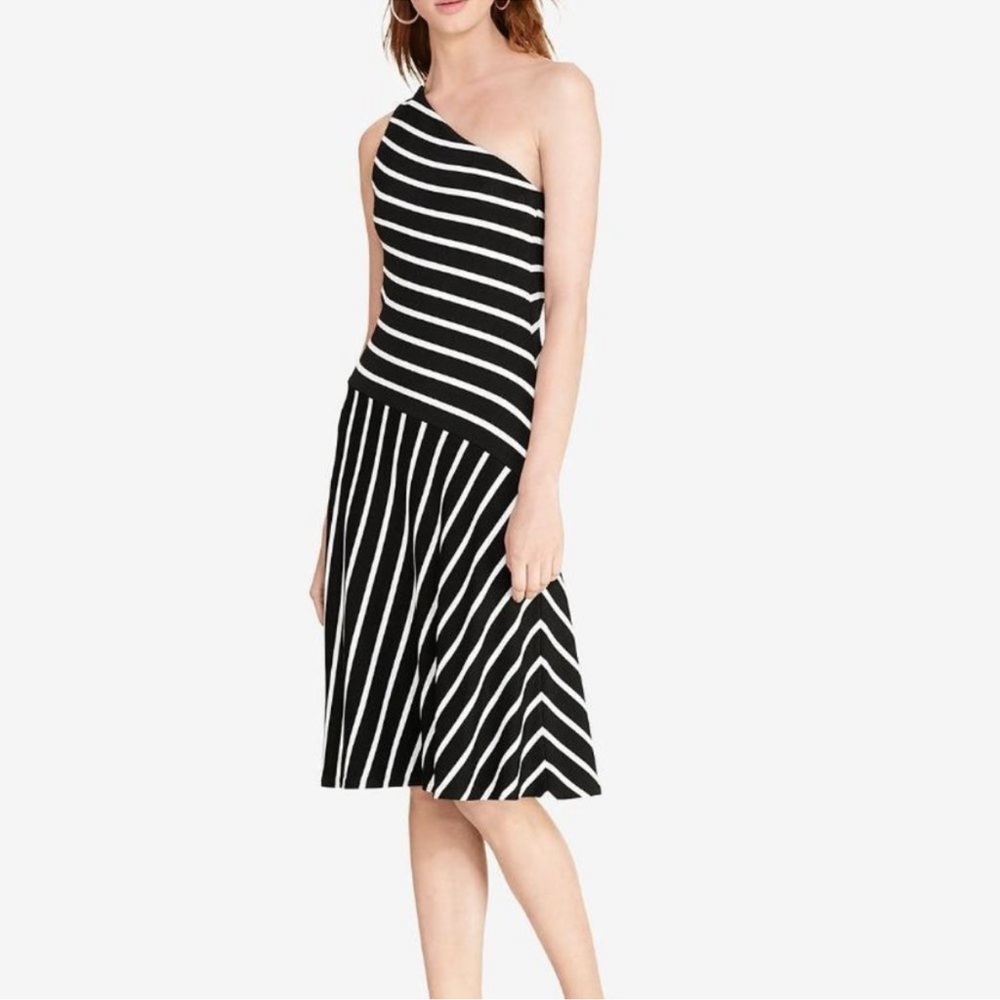 Lauren Ralph Lauren Black & White Striped Asymmetrical One Shoulder Dress Size:M